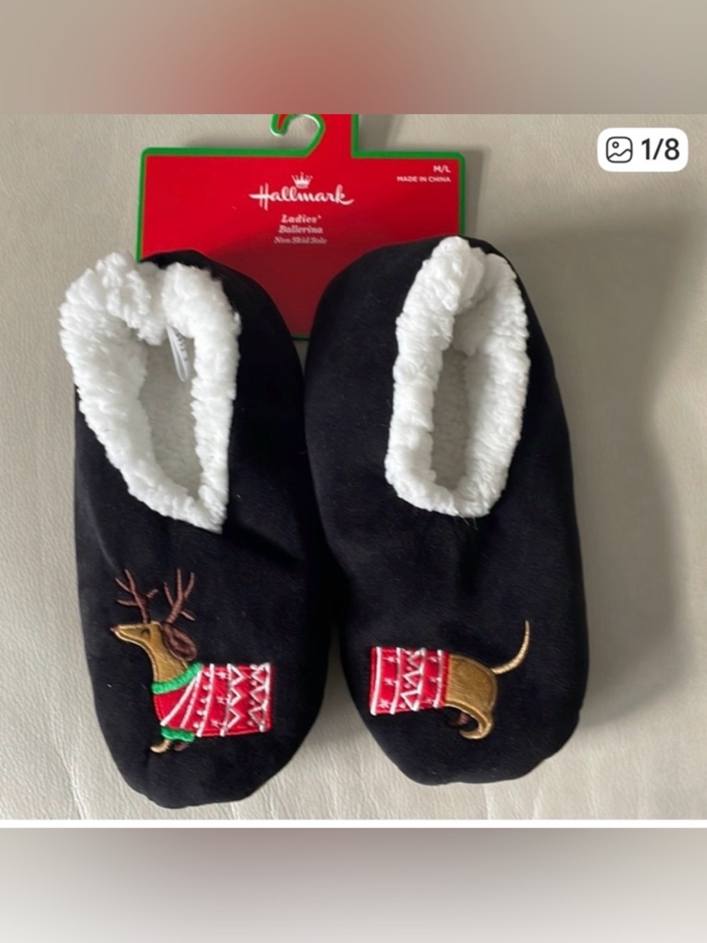 Hallmark Black Slippers with dachshund Reindeer Design